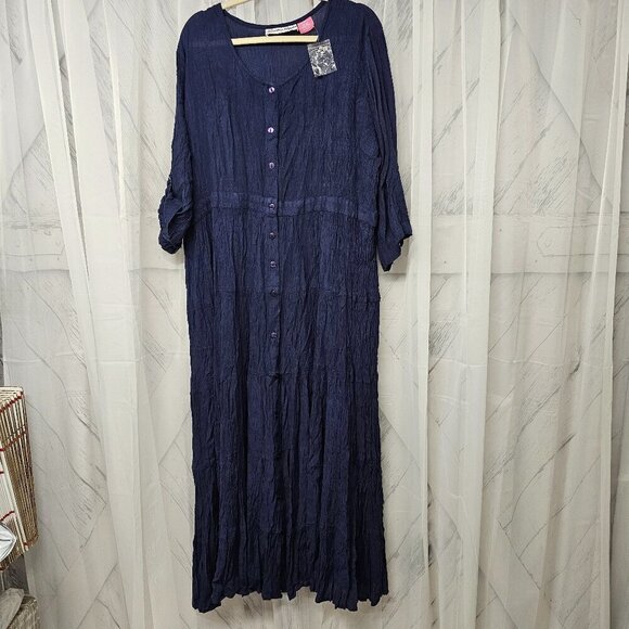 Jessica Taylor Dark Navy Boho Crinkled Roll Tab Peasant Maxi Dress Size 2X - Picture 1 of 11